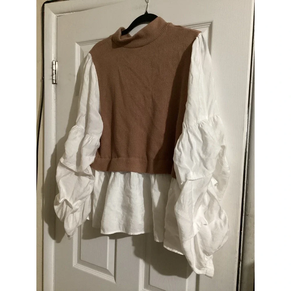 Anthropologie Mixed Media Mock Neck Puff Sleeve Peplum Sweater Top Tan White 2X